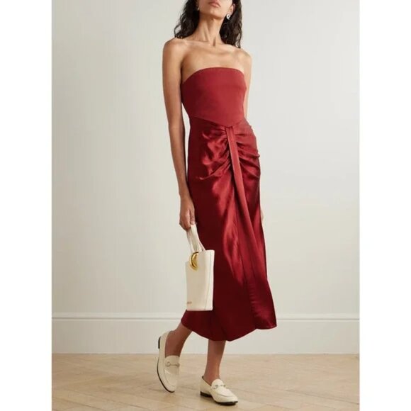 Staud Wayfaring Mix Media Satin Strapless Midi-Dress NWT, Size 8 - Picture 4 of 6